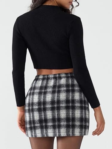 EXLURA Womens Faux Wool Plaid Mini Skirt Elastic High Waisted Tweed Skirts Button Bodycon Skirt Fall Winter Outfit Pocket - Thumbnail 2