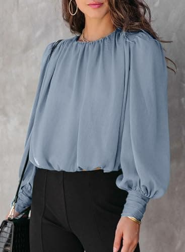 Dokotoo Womens Ladies Spring Long Sleeve Tunic Tops and Blouses for Women 2026 Summer Fashion Crewneck Padded Shoulder Casual Loose Fitting Trendy Dressy Work Shirts Blue X-Large - Thumbnail 3