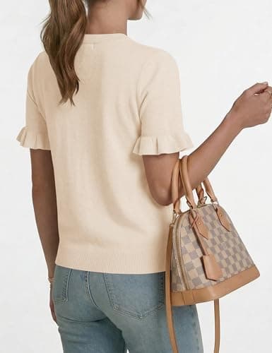 LaGracia Womens Summer Tops Cute Puff Short Sleeve Sweater Spring Outfits Fashion Crewneck Business Causal Work Clothes Fashion 2026 Beige M - Thumbnail 4