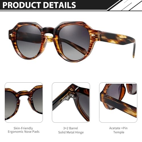 ROCKNIGHT HD Driving Polarized Sunglasses for Mens Retro Round Sunglasses Tortoise Acetate Frame Lightweight Fashion Grey Gradient Sunglasses - Thumbnail 3