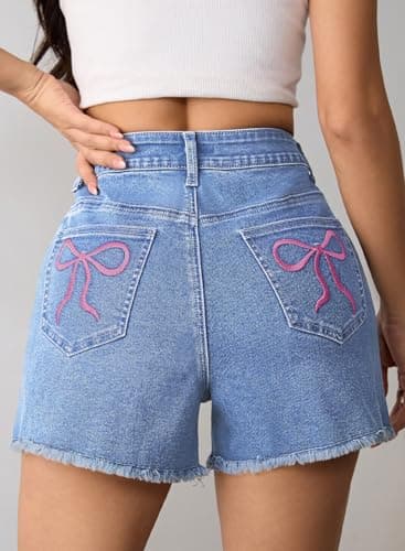 Pink Queen High Waisted Denim Shorts for Women 2026 Casual Star/Bow Frayed Hem Summer Hot Short Jeans with Pockets Light Blue XL - Thumbnail 5