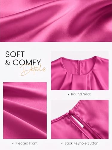 Funlingo Womens Silk Satin Tops Dressy Casual Cap Short Sleeve Flowy Blouses Crew Neck Business Work Shirts Summer Office Clothes Hot Pink M - Thumbnail 5