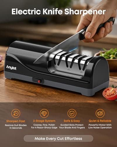 Electric Knife Sharpener for Kitchen, 3-Stage Knife Sharpener Electric with 100% Diamond Abrasives, 20° Precision Angle Guide, Fast & Safe Sharpening for Chef Knives, Home Use & Beginners (Black) - Thumbnail 2
