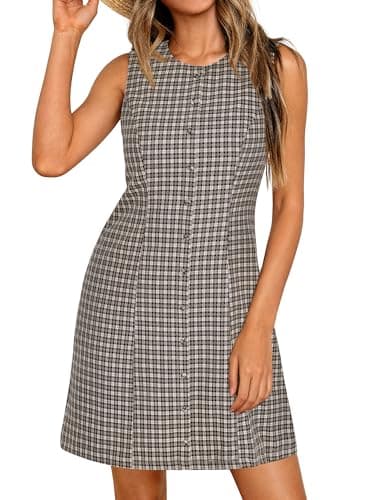 BTFBM Summer Dresses for Women 2026 Plaid Sleeveless Zip Up A Line Mini Dress Business Casual Vacation Gingham Sundress(Black Grey, XX-Large) - Thumbnail 2
