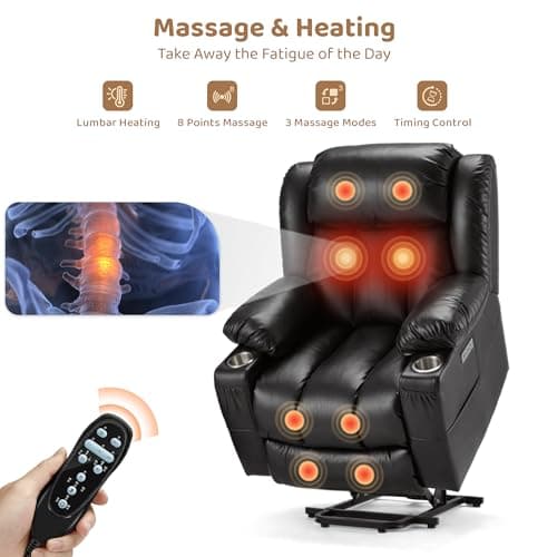Osumlee Large Power Lift Recliner Chair with Massage and Heat for Elderly, Oversized Heavy Duty Faux Leather Recliner, USB & Type-C Ports, 2 Cup Holders (Black) - Thumbnail 5