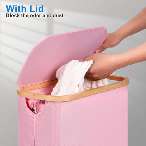 efluky Slim Laundry Basket with Lid, Narrow Laundry Hamper with Removable Bag, Skinny Dirty Clothes Basket with Bamboo Handles for Bathroom, Bedroom & Laundry Room, 63L Pink - Thumbnail 4
