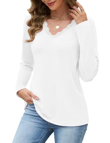 JUSTFASHIONNOW Shirts for Women Long Sleeve Lace Tops V Neck Solid Tshirt Plus Size Blouses Business Casual Fashion Tops Trendy Winter Clothes (White,X-Large) - Thumbnail 4