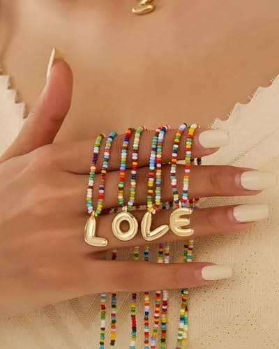 A ALARTAN Initial Necklace for Women Cute Colorful Beaded Charm Necklaces Bohemian Colorful Letter Necklaces Personalized Bubble Necklace Trendy Choker for Women Jewelry Gift（Letter A - Thumbnail 4