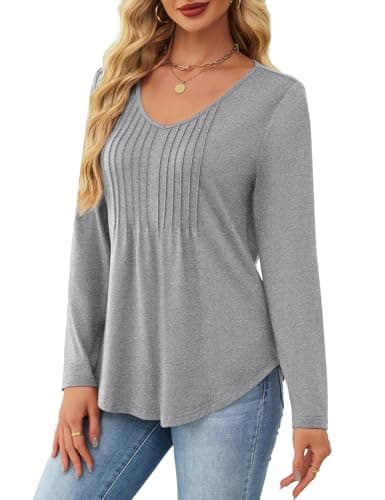 JUSTFASHIONNOW Winter Tops for Women V Neck Long Sleeve Shirts Pleated Tunic Tops Peplum Dressy Blouses Womens Teacher Work Clothes Trendy 2025 (Gray, Small) - Thumbnail 2