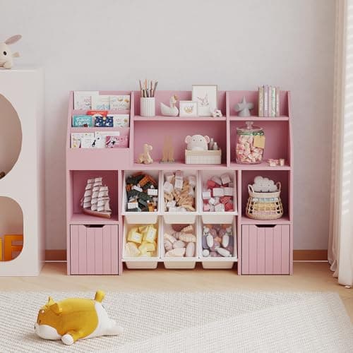 Wooden Wide Bookshelf,Tiered Bookshelves,with 2 Mobile Drawers on Wheels and 6 Removable Storage Baskets,Anti-tip Design,Suitable for Living Rooms,Bedrooms and Game Rooms (Tiered bookshelf-Pink-02) - Thumbnail 6
