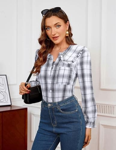 LOOKBOHO Women Spring Peter Pan Collar Shirts Long Sleeve Button Down Blouse, Puff Sleeve Lightweight Cotton Tops for Fall Summer, Elegant Work & Casual Wear Black Plaid Large - Thumbnail 5