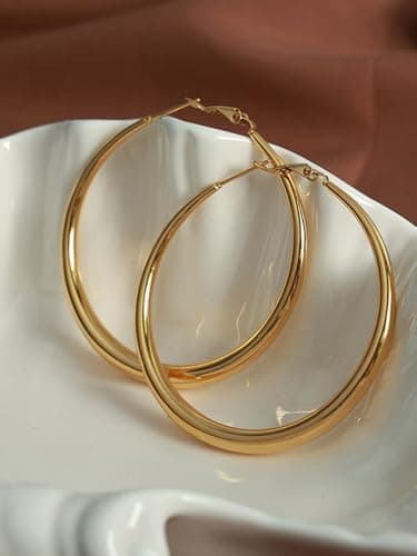 Matte Large Gold Hoop Earrings for Women Sliver Hoop Earrings Lightweight 925 Sterling Silver Hoops Chunky Trendy Earrings Dainty Simple Wedding Prom Bridal Party Jewelry Gifts (5CM Gold Style 3) - Thumbnail 3