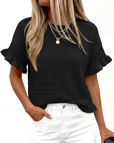 KIRUNDO Short Sleeve Sweater for Women 2026 Spring Summer Tops Crochet Round Neck Ruffled Hem Knit Pullover Casual Blouse(Black, Medium) - Thumbnail 5