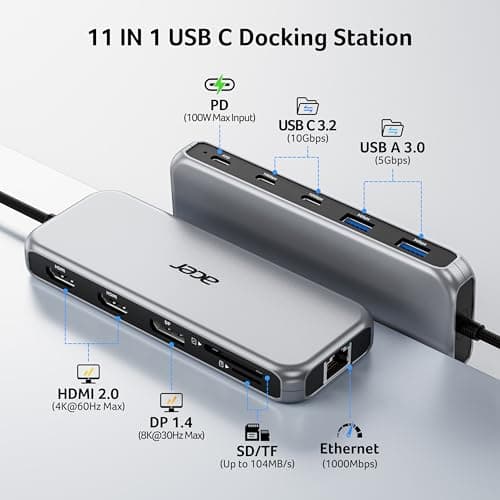 Acer Laptop Docking Station 3 Monitors, 11-in-1 USB C Docking Station with 8K DP, HDMI 4K@60Hz, 10Gbps Data, 1 Gbps Ethernet Hub, 100W Power Delivery, SD/TF, USB C Hub Multiport Adapter for Laptop - Thumbnail 2