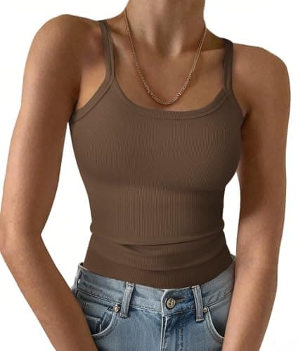 GKBK Women's Tank Tops 2026 Spaghetti Strap Ribbed Knit Scoop Neck Sleeveless Shirts Summer Casual Basic Tanks Brown L - Image 1