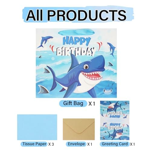 Birthday Gift Bags for Boys Girls - Blue Shark Birthday Gift Bag Ocean Gifts Bag Set for Boy Girl Big Brother Sister Durable Cartoon Shark Greeting Card Envelope 3 Tissues Paper Gift Wrapping 12 Inch - Thumbnail 4
