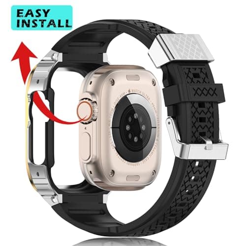 Deczone Band with Stainless Steel Case Compatible with Apple Watch Series Ultra 1 2 3 49mm Band, iwatch Bands Rugged Metal Protective Cover for Men (Silver Gold) - Thumbnail 5