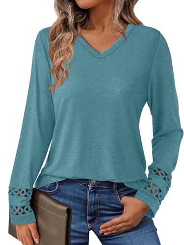 GKBK Women’s Long Sleeve V Neck Tunic Top Casual Dressy Blouse Business Loose Fit Trendy 2025 Fall Outfits Cyan XXL - Image 1