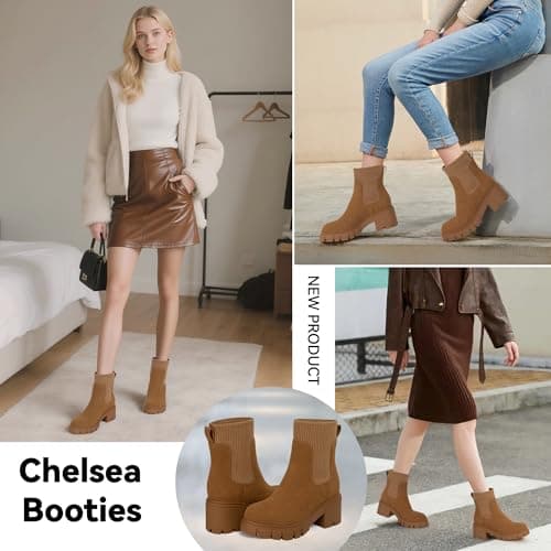 Athlefit Women's Brown Chelsea Boots Fall Platform Ankle Suede Boots Slip on Chunky Lug Sole Boots Size 7.5 - Thumbnail 6