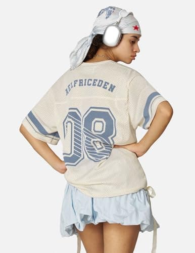 Aelfric Eden Jersey Shirts for Women Y2k Oversized V Neck Graphic Tees Football Number Streetwear T Shirt Tops Off White L - Thumbnail 6
