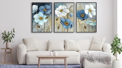 ASDCEUTICALS Large Framed Wall Art - Boho Flowers Wall Decor, Retro Floral Pictures, Blue White Botanical Canvas Prints for Bedroom Living Room Bathroom Kitchen Office Artwork 20" X 28" X 3 Pcs - Thumbnail 2