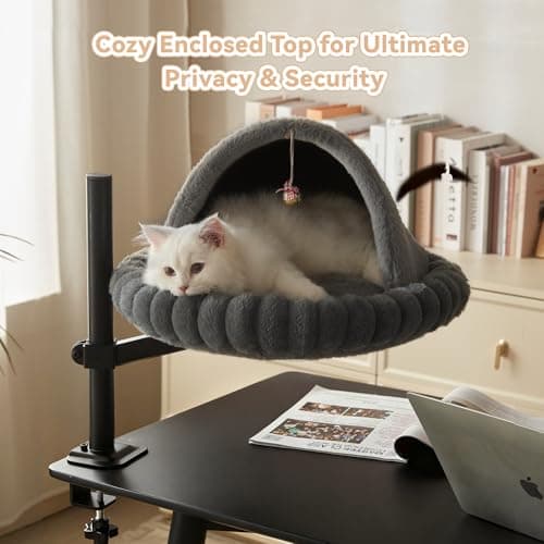 Dogpals 360° Rotating Cat Bed for Desk, Height Adjustable Cat Perch with Semi-Enclosed Design & Removable Cushion, No-Drill Clamp fits up to 1.18" Desk, Supports 9lbs for Office, Gaming Table, Grey - Thumbnail 5