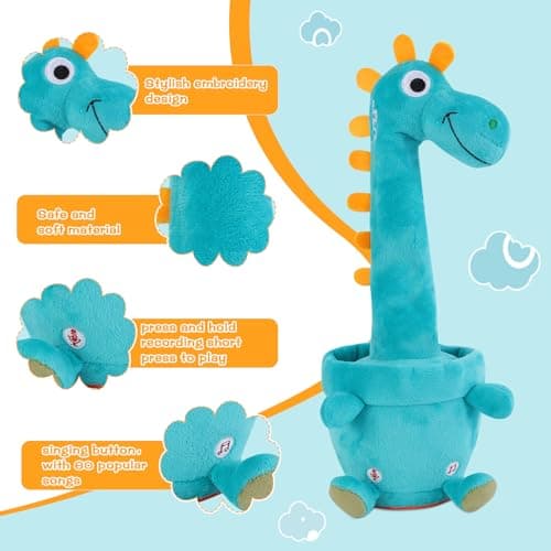 LLUKEME Dancing Talking Giraffe Toy, Stuffed Animal Baby Toy Repeating What You Say, Glowing Musical Electronic Giraffe Gifts for Toddlers 1-3 Years Old (Dancing Dinosaur) - Thumbnail 4