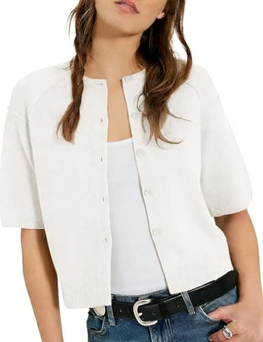AMEBELLE Cropped Cardigan for Women Short Sleeve Ribbed Knit Button Up Shirt Lightweight Crewneck Casual Sweaters Tops (2668-Apricot-S) - Image 1