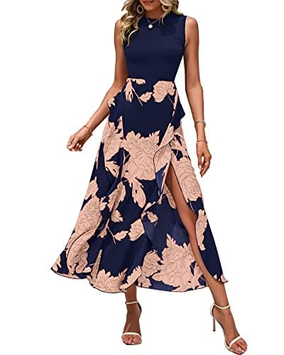 BTFBM Summer Dresses for Women 2026 Casual Spring Floral Sleeveless Ruffle Boho Cocktail Wedding Guest Party Midi Dress(Pink Floral Navy, Small) - Image 1