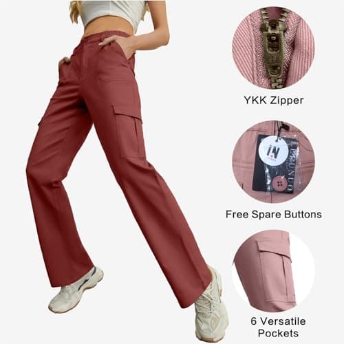 Lepunuo Womens Cargo Pants Casual High Waisted Joggers Pants Fce Wide Leg Sweat Pants Baggy Pants with Pockets Tomato Red - Thumbnail 4