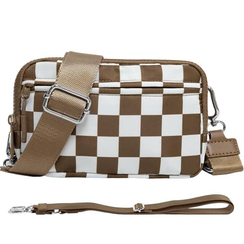 NBERMOTION Checkered Nylon Wristlet Wallets for Women RFID Blocking Purse With Credit Card Holder & Crossbody Strap(Caramel) - Image 1