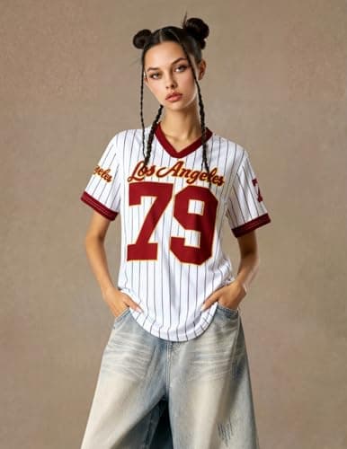 Vamtac Striped Jersey Shirts for Men Baggy Y2K V Neck Number Graphic Tees Summer Tops Bright Red S - Thumbnail 4