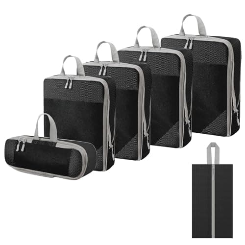 WOOMADA Compression Packing Cubes for Suitcases Travel Essentials 6 Set Rectangle Mesh Expandable Travel Bags Organizer for Luggage(Charcoal) - Image 1