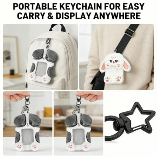 DegoCyhton Photocard Holder, Kpop Photo Card Keychain, 2 Pack 3 Inch, Clear PVC Window, Anti-Shed Plush Design, 360 Rotating Hook, for Teen Girls Student Campus Backpack Pendant & Card Protection - Thumbnail 4