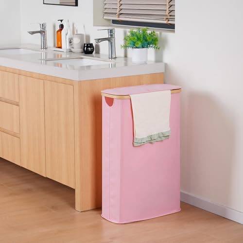 efluky Slim Laundry Basket with Lid, Narrow Laundry Hamper with Removable Bag, Skinny Dirty Clothes Basket with Bamboo Handles for Bathroom, Bedroom & Laundry Room, 63L Pink - Thumbnail 2