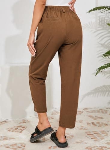 Dokotoo Womens Linen Pants Women 2026 Fashion Business Summer Capri Pants Travel Outfits for Women High Waisted Trouser Flowy Breathable Lady Slacks Basic Cotton Fall Clothes Palazzo Chestnut 2XL - Thumbnail 2