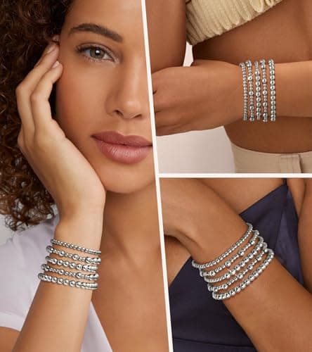 adoyi Silver Bracelets for Women Beaded Bracelet 14K Gold Plated Bracelet Stack Strand Stretch Bead Ball Bracelet Set Stackable Bracelet Adjustable Bracelet Set Jewelry for Women 6.8 inches - Thumbnail 4