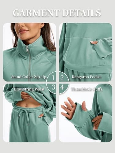 Anyshe Women's 2 Piece Sweatsuit Set Lounge Set Half Zip Sweatshirt with Kangaroo Pocket Thumb Holes Wide Leg Drawstring Pants Casual Tracksuit for Travel Daily Wear, Mint Green, Small - Thumbnail 6