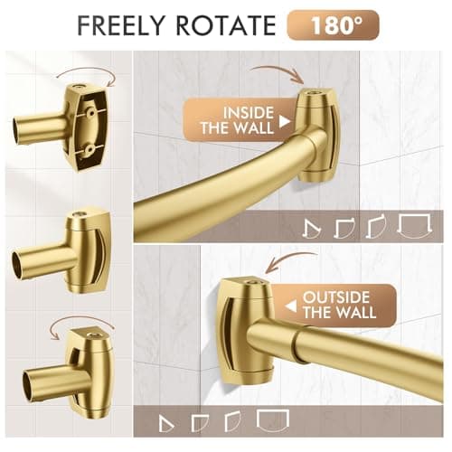 Curved Shower Curtain Rod for Bathroom, 40-72 Inches Adjustable Curved Shower Rod, 0.9MM Aluminum Rustproof Shower Curtain Rod with Rotating Brackets for Extra Shower Space, Need to Drill, Gold - Thumbnail 3