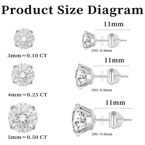 3 Pairs Moissanite Stud Earrings in White Gold Plated Titanium | HypoAllergenic Earrings for Women & Men (Silver 3/4/5mm) - Thumbnail 5