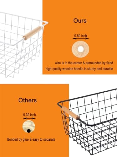 Wire Basket with Wooden Handle, Metal Utility Storage Basket for Organizing Kitchen Pantry Cabinets, Closet and Garage Shelves Drawers, Office Metal Basket Storage Organizer with Handle (White 2 Pack) - Thumbnail 3