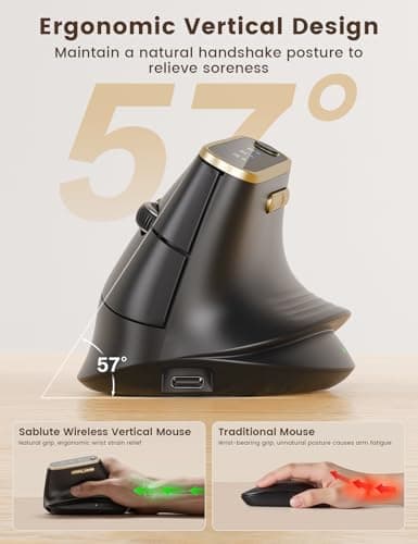 SABLUTE MAM4 Ergonomic Vertical Mouse for M/L Hands, 8K DPI, Ultra-Fast Scrolling, 6 Programmable Buttons, Tri-Mode Wireless Rechargeable Mouse, 800mAh Built-in Battery, for PC/Mac/Laptop, Black - Thumbnail 3