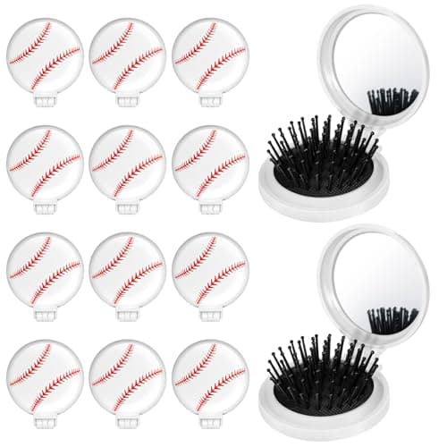 12 Pcs baseball Mini Detangler Brush, Folding Mirror Hair Brushes, Travel Hair Brush, No Tangle Soft Flexible Bristles for Straight, Curly, Thick Hair for baseball Team Gift Sport Party