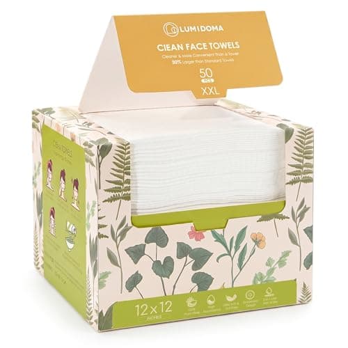 LUMIDOMA XXL Disposable Face Towel 12x12 Inches Extra Thick Facial Cleansing Cloths, 100% Plant-Based Pure Fiber Dry Wipes for Sensitive Skin, Makeup Removing, 50 Count