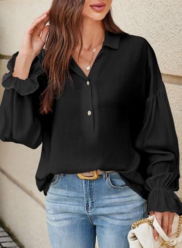 Astylish Women's Dressy Casual Blouses Business Work Linen Tunic Spring Summer Tops Beach Cute Long Lantern Sleeve V Neck Button-Down Henley Shirts Black Small - Thumbnail 3