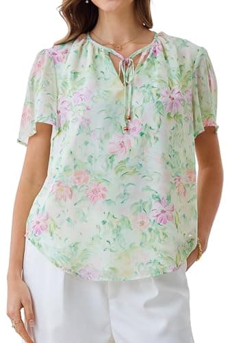 Ystguic Womens Chiffon Tie Crewneck Vintage Floral Blouse Soft Short Sleeve Casual Shirts 2026 Summer Elegant Tops Medium Green and Pink Floral YG123 M - Image 1