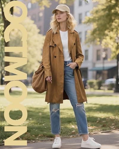 Women's Faux Suede Trench Coat - Classic long trench coat for women with Notched Collar, Double-Breasted Buttons, Adjustable Waist Belt, Warm & Stylish Faux Suede Jacket for Fall & Winter(Brown)-M - Thumbnail 2