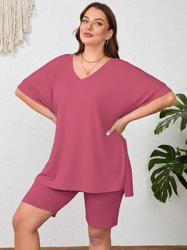AusLook Women's Plus size 2 Piece Short Outfits Set Short Sleeve Tops and Shorts Pants Purple Red 2X Casual Comfy Soft Ladies Short Sleepwear Lounge Pajama Matching Set - Thumbnail 5