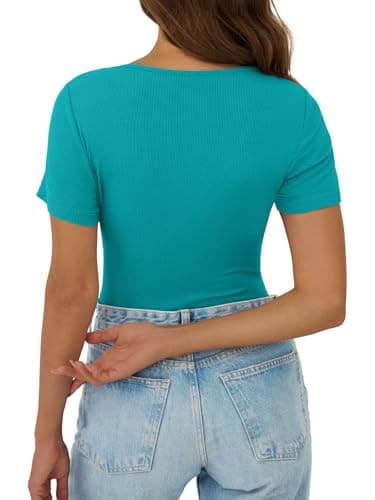GKBK Ribbed Short Sleeve Tops for Women V Neck Lace Tops Going Out Fitted Tight Casual Basic Tee Shirts Spring Clothes 2026 Summer Fashion Outfits Ttendy Cyan - Thumbnail 5