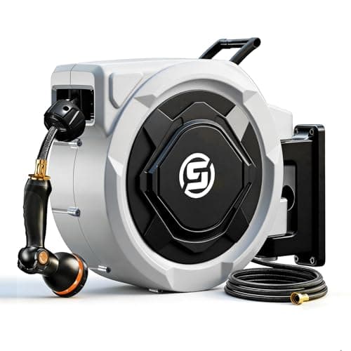 SUNPOW Retractable Garden Hose Reel - 5/8in x 100ft Heavy Duty Wall Mounted Hose Reel with 3/4in Brass Fitting & 10 Function Nozzle - Any Length Lock, Auto Rewind System, 180°Swivel Bracket - Gray - Image 1